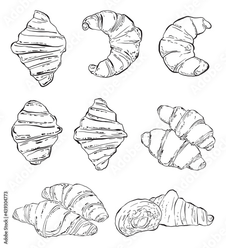 Collection of Hand Drawn Croissants, Tasty Detailed Black and white Vector Illustrations