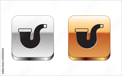 Black Smoking pipe with smoke icon isolated on white background. Tobacco pipe. Silver and gold square buttons. Vector
