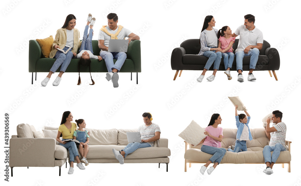 People resting on different stylish sofas against white background, collage People resting on different stylish sofas against white background, collage
