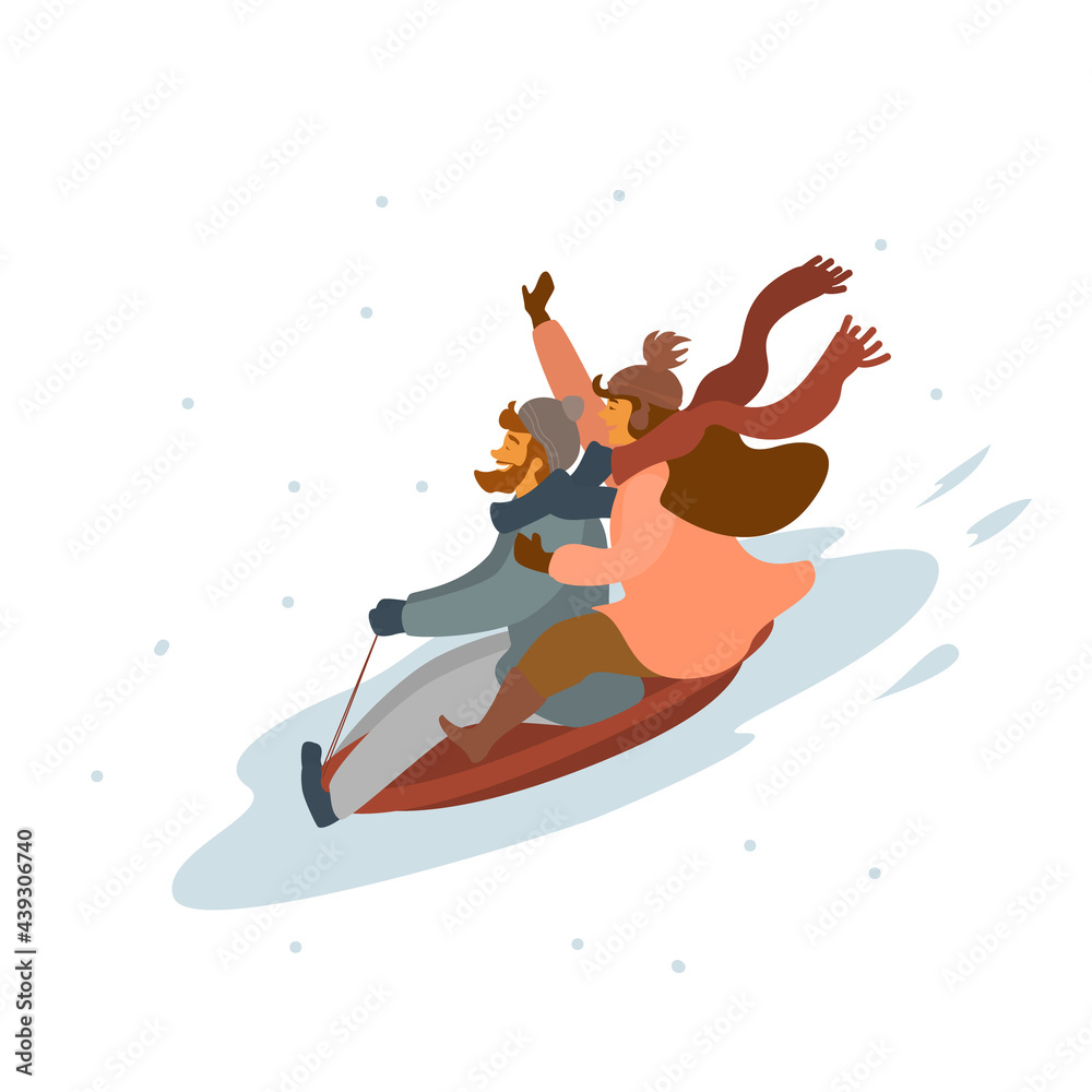 cute cartoon couple winter sledding downhill isolated vector illustration scene
