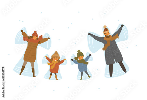 cute cartoon family, parents and children making snow angel in snow isolated vector illustration scene photo