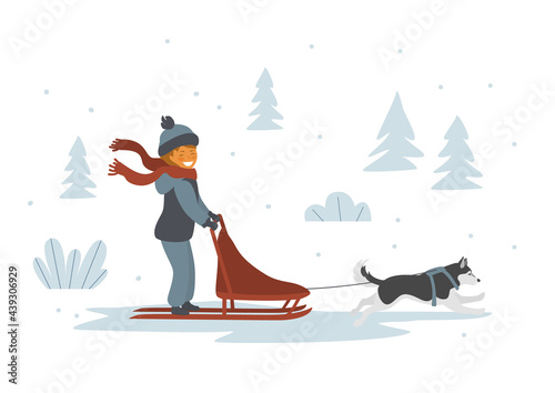 cute girl dog sledding isolated vector illustration scene