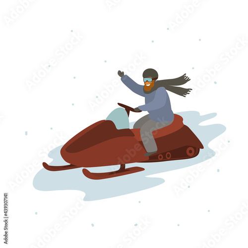 man driving snowmobile, winter cartoon vector illustration graphic
