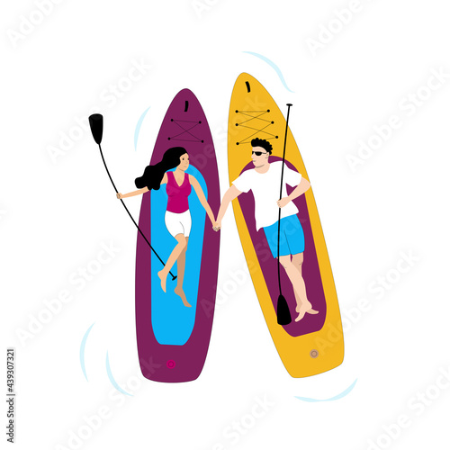 Young couple man and woman lying on paddle boards and holding their hands. Romantic scene illustration. 