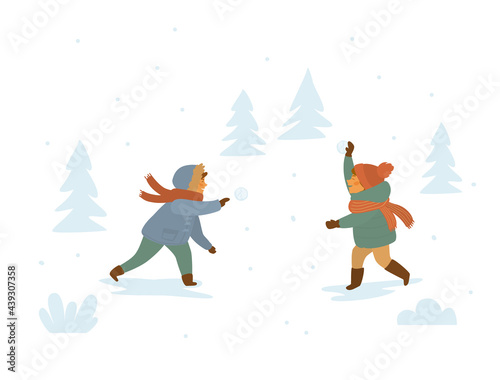 children playing snowball fights isolated vector illustration winter scene
