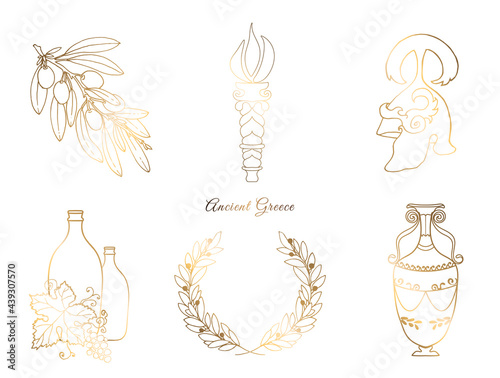 Ancient greece items set. Golden olive branch and vase. Warrior helmet and Olympic torch. Grapes with bottles of wine. Gold laurel wreath. Mythic, ancient Greek and Roman styles. Vector elements