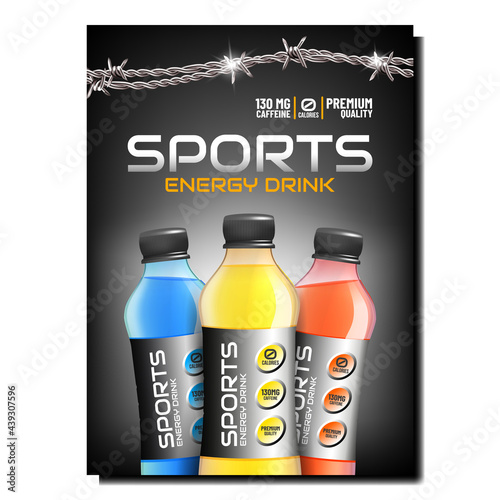 Sports Energy Drink Creative Promo Banner Vector. Refreshment Energy Drink With Different Taste Blank Bottles And Metallic Barbed Wire Cord On Advertising Poster. Style Concept Template Illustration
