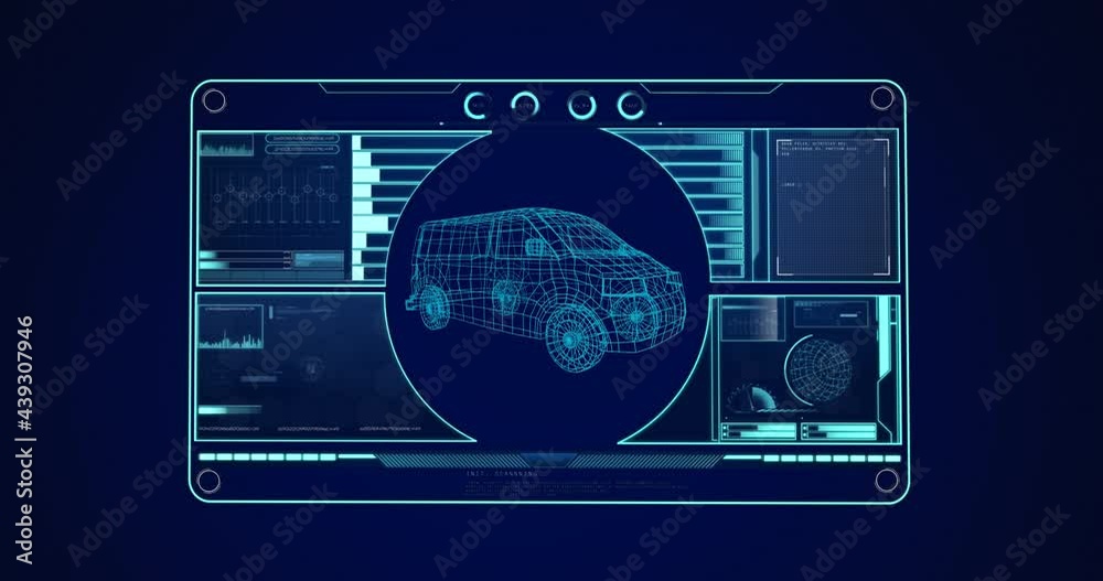 Animation of 3d car drawing and data processing on screen Animation of 3d car drawing and data processing on screen