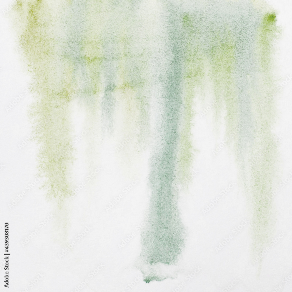 Fototapeta premium Watercolor green background. Summer painted texture. Hand drawn watercolor. Artistic background with copy space for design. Web banner. Abstract transparent pale spring or summer fresh background. 