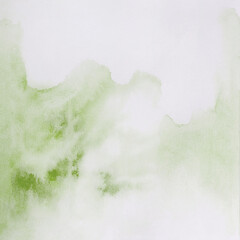 Watercolor green background. Summer painted texture. Hand drawn watercolor. Artistic background with copy space for design. Web banner. Abstract transparent pale spring or summer fresh background. 