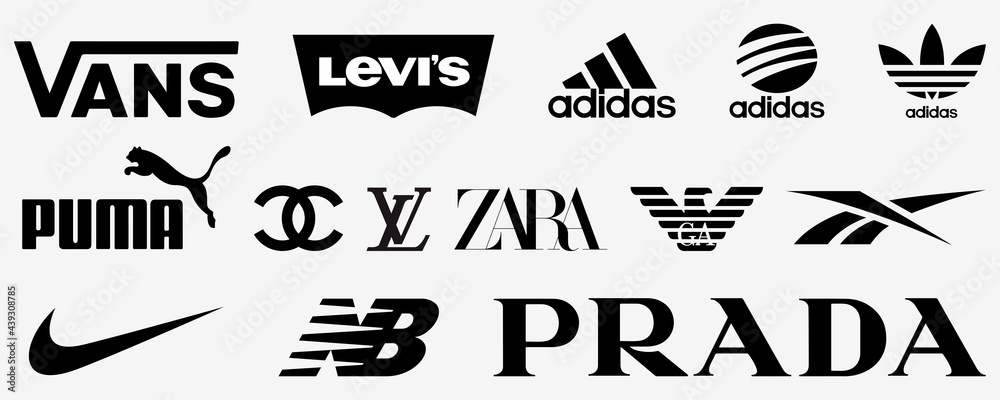 Popular clothing brand. Vans, Puma, Adidas, Nike, New Balance, Zara, Levis,  Reebok. Top brands logo in black. Editorial vector. Rivne, Ukraine - June  14, 2021 Stock Vector | Adobe Stock