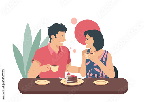 a guy and a girl in a street cafe. Vector illustration.