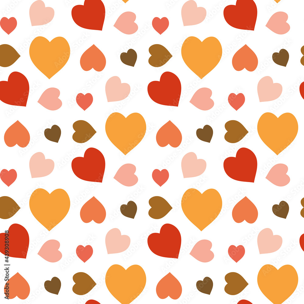 Seamless pattern with pink, orange, red and warm yellow hearts on white background. Vector image. Seamless pattern with pink, orange, red and warm yellow hearts on white background. Vector image.