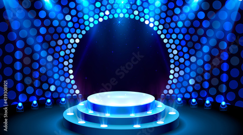 Show light, Stage Podium Scene with for Award Ceremony on blue Background. Vector