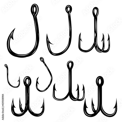 Set of illustrations of fishing hooks. Design element for poster, card, banner,emblem, sign. Vector illustration