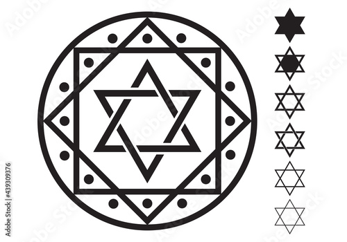 Jewish Star of David Six-pointed star vector icons. Shield of David, or Star of David, or Seal of Solomon, Hebrew hexagram. Traditional Jewish sign. Two Triangles are tied to each other