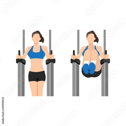 Woman doing Captains chair le. Knee. hip raises exercise. Flat vector illustration isolated on white background