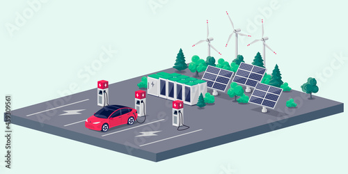 Electric car charging on parking lot with fast supercharger station and many charger stalls. Vehicle on renewable solar panel wind energy battery storage station in network grid. Vector illustration. photo