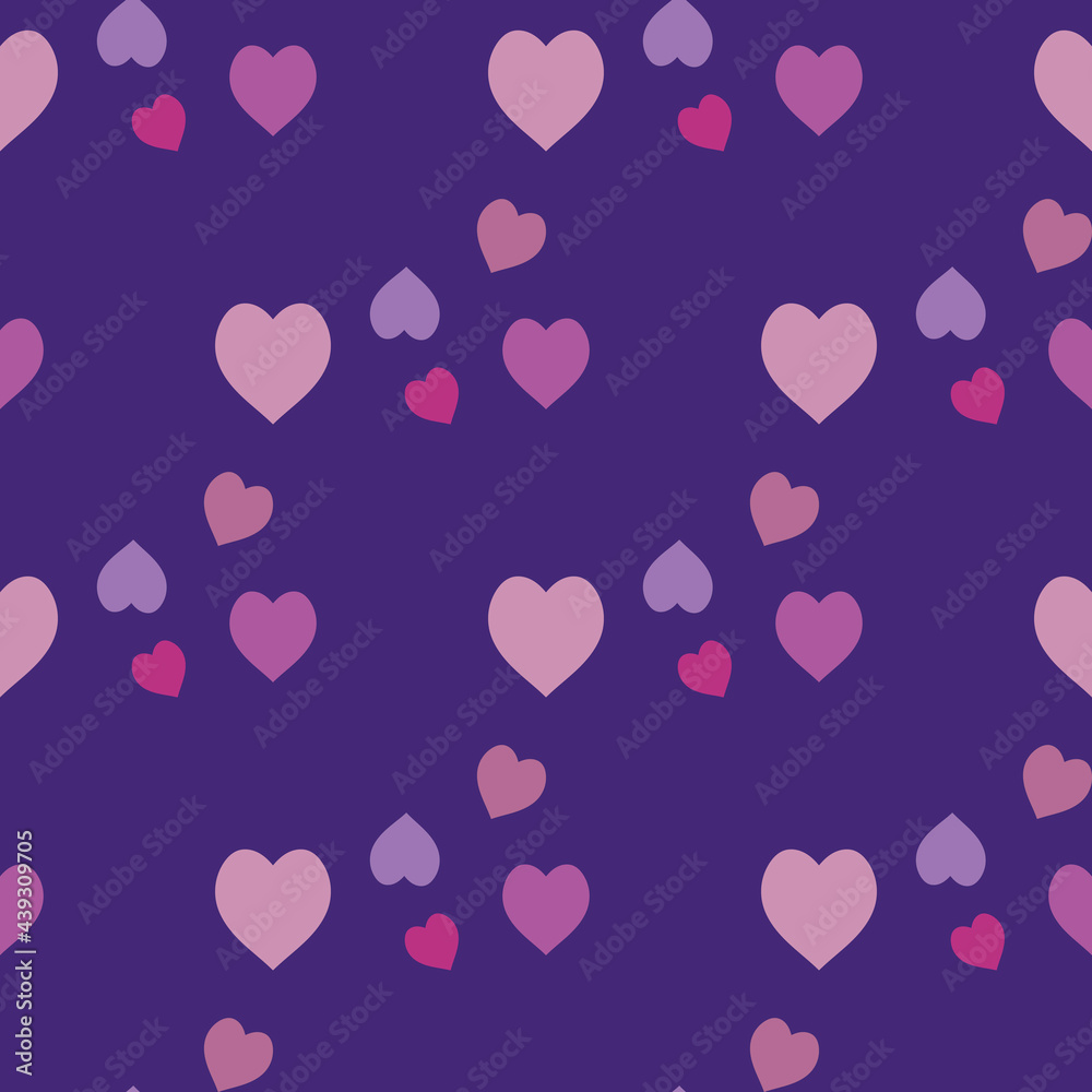 Seamless pattern with pink and lilac hearts on dark violet background. Vector image.