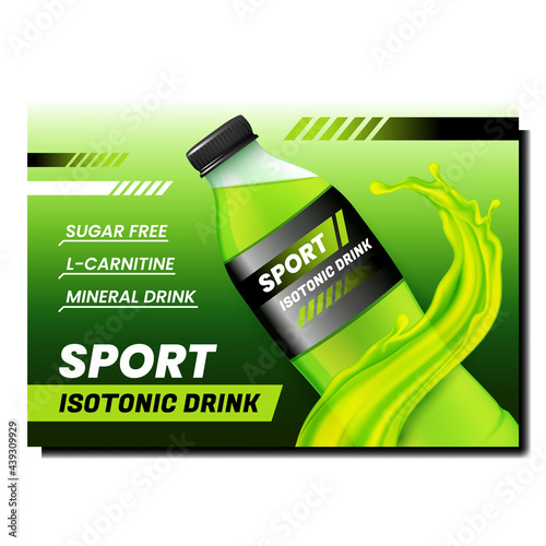 Sport Isotonic Drink Promotional Poster Vector. Energy Isotonic Drink Blank Bottle And Splash On Advertising Banner. Sugar Free Mineral Beverage For Sportsman Style Concept Template Illustration