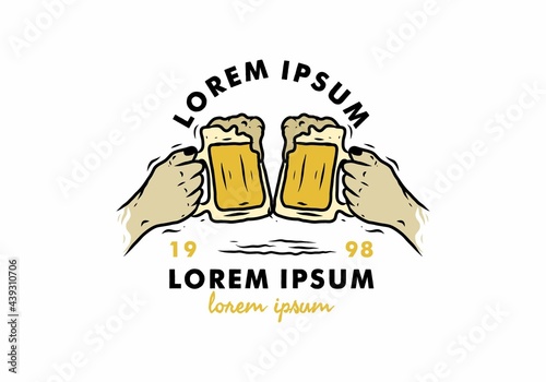 Two hand holding beer illustration drawing