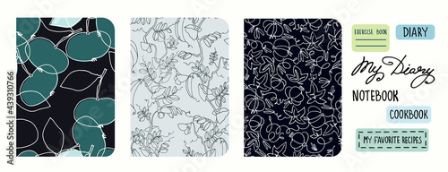 Cover page templates with fruit and vegetables in trendy style. Based on seamless patterns with apples, pea, pumpkin. Headers isolated and replaceable. Perfect for notebooks, notepads, diaries, etc
