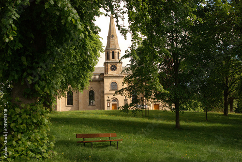 Melrose church and bench on quiet Sunday