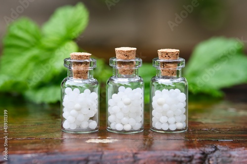 Three bottles of homeopathy globules. Bottles of homeopathic granules. Medicinal herbs on background. Homeopathy medicine concept.