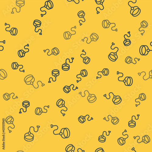 Blue line Retractable cord leash with carabiner icon isolated seamless pattern on yellow background. Pet dog lead. Animal accessory for outdoors walk. Vector