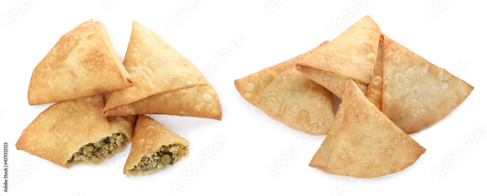 Crispy delicious samosas on white background, collage. Banner design Crispy delicious samosas on white background, collage. Banner design