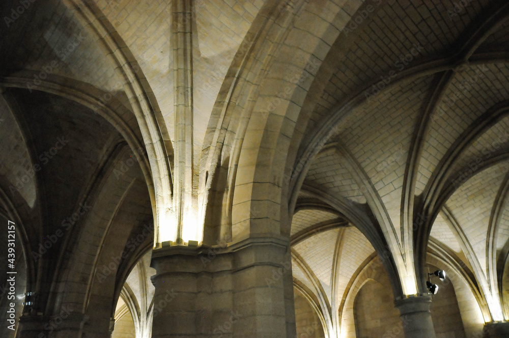 Interiors of an old church with stained glass windows