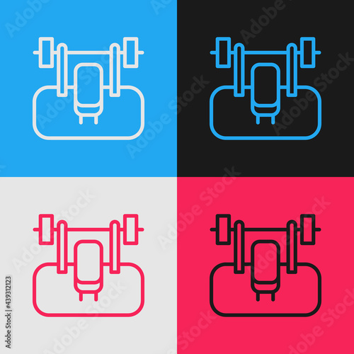 Pop art line Bench with barbel icon isolated on color background. Gym equipment. Bodybuilding, powerlifting, fitness concept. Vector