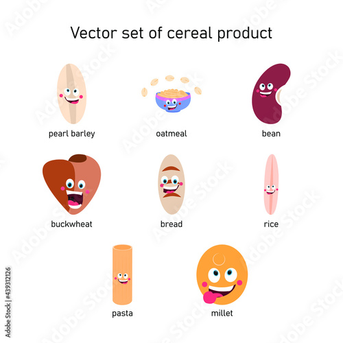Vector set of cereal products. Cartoon drawing pearl barley, oatmeal, beans, buckwheat, bread, rice, pasta, millet.
