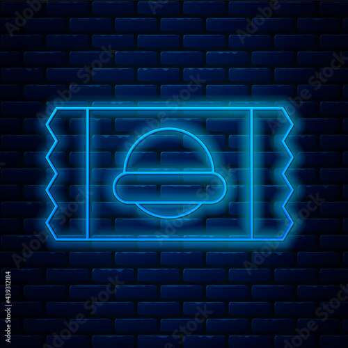 Glowing neon line Sports nutrition bodybuilding proteine power drink and food icon isolated on brick wall background. Vector