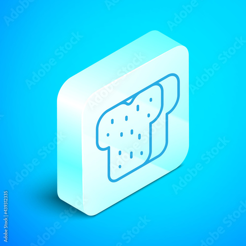 Isometric line Bread toast for sandwich piece of roasted crouton icon isolated on blue background. Lunch, dinner, breakfast snack. Silver square button. Vector
