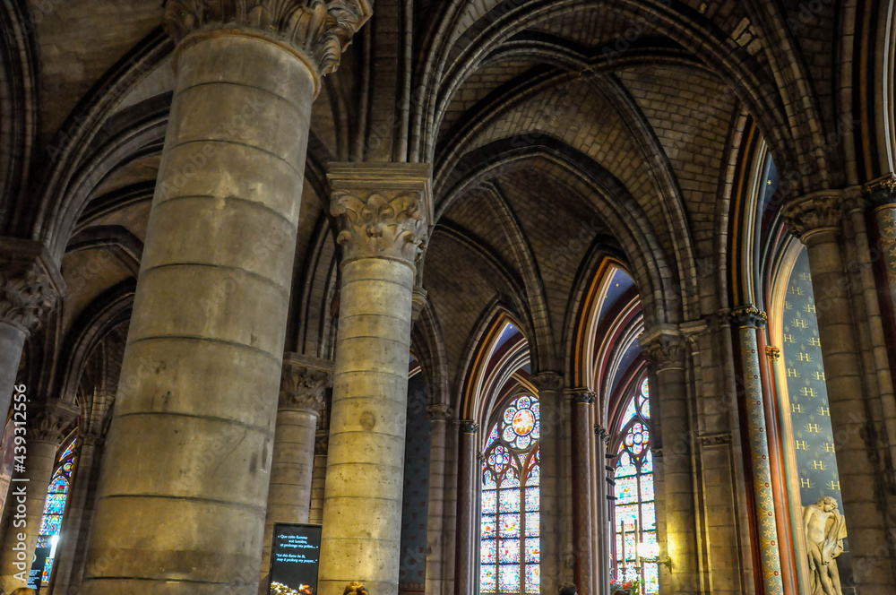 Interiors of an old church with stained glass windows