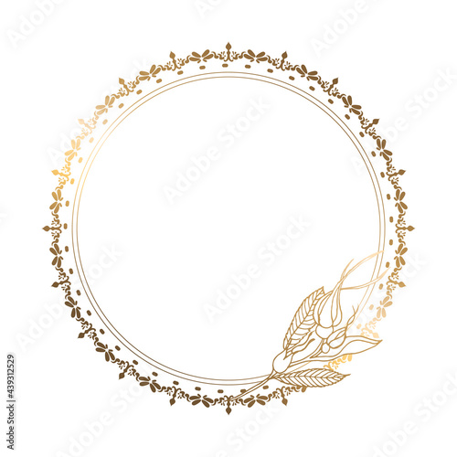 Round gold frame with flower and pattern. White background. Place for your text. Floral vector illustration.
