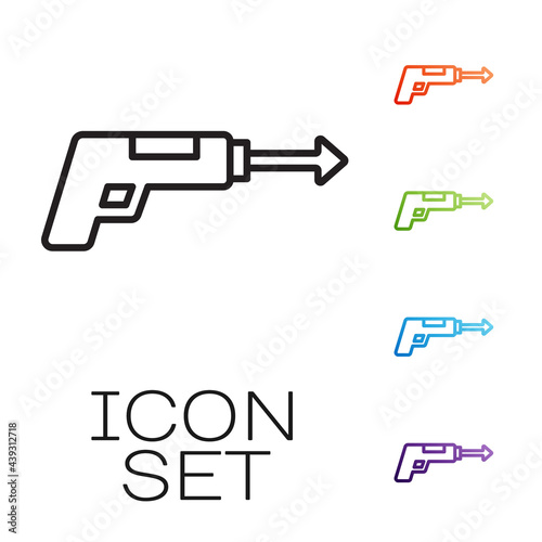 Black line Fishing harpoon icon isolated on white background. Fishery manufacturers for catching fish under water. Diving underwater equipment. Set icons colorful. Vector