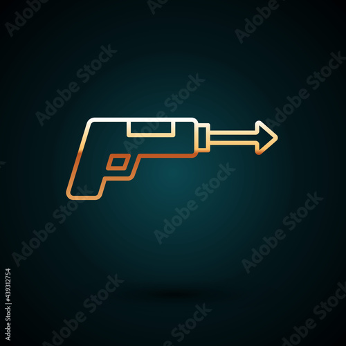 Gold line Fishing harpoon icon isolated on dark blue background. Fishery manufacturers for catching fish under water. Diving underwater equipment. Vector