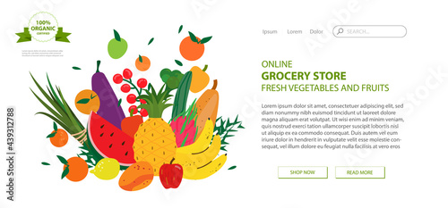 Web page design template for grocery store, online market, farm, home delivery fresh vegetables and fruits. Vector illustration for website development, app mobile. Fresh organic veggies and fruits