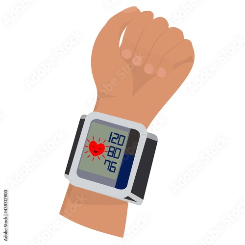 Blood pressure concept. Wrist tonometer on the arm with indicators of normal blood pressure and heart rate. Vector flat illustration. photo