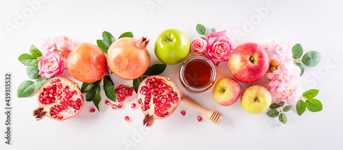 Rosh hashanah (jewish New Year holiday), Concept of traditional or religion symbols on white background.