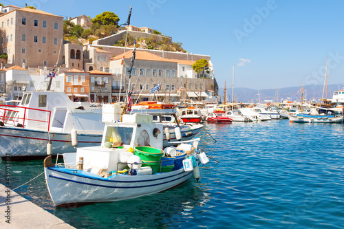 Traditional wooden fishing boats in Greek Island Hydra in Greece Saronikos Gulf