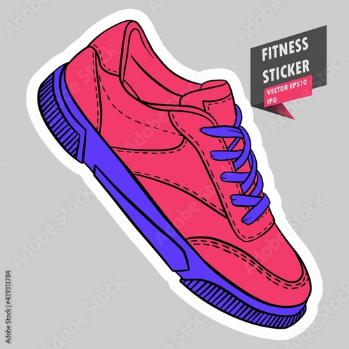 Sport shoe. Casual fashion. Snickers. Gym. Equipment. Fitness routine. Active lifestyle. Hand drawn colorful illustration. Sticker for printing. High resolution. Vector EPS10 and IPG