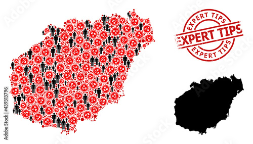Mosaic map of Hainan Island organized from sars virus icons and humans items. Expert Tips scratched seal stamp. Black crowd symbols and red sars virus icons. Expert Tips message inside round stamp.