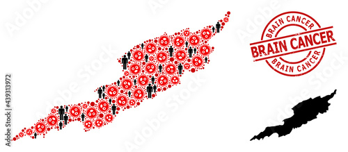 Collage map of Anguilla Island composed of flu virus items and humans icons. Brain Cancer grunge stamp. Black people elements and red flu virus icons. Brain Cancer title is inside round seal.
