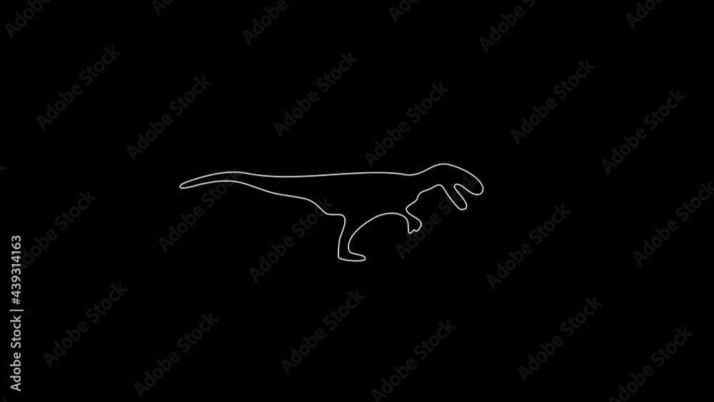 white linear dinosaur silhouette. the picture appears and disappears on a black background.