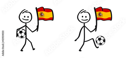 Cartoon stickman with the flag of Spain and football. Stick figure man with soccer ball. Funny vector sport icon. Sport finale or school game. 2021