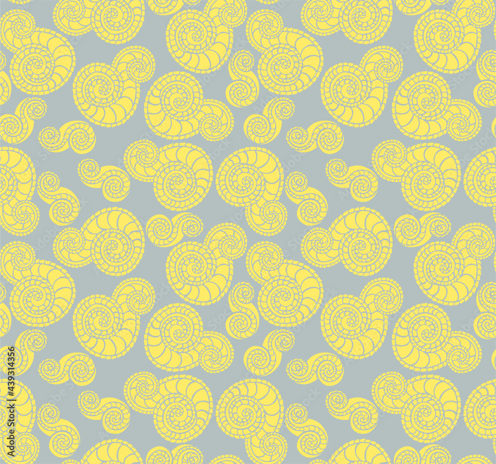 Simple and stylish vector seamless pattern with doodle spirals and squiggles similar to oriental cucumbers. Cheerful forms. Wallpaper and background with a repeating pattern. Fashionable print 