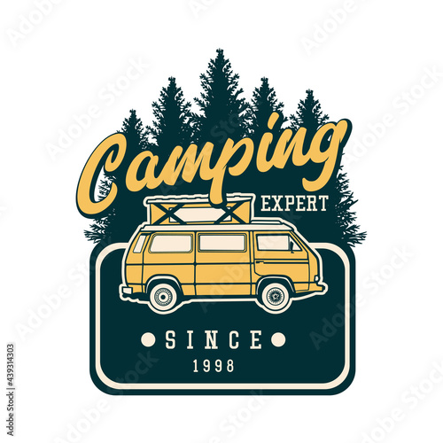 t shirt design camping expert since 1998 with camping van vintage illustration